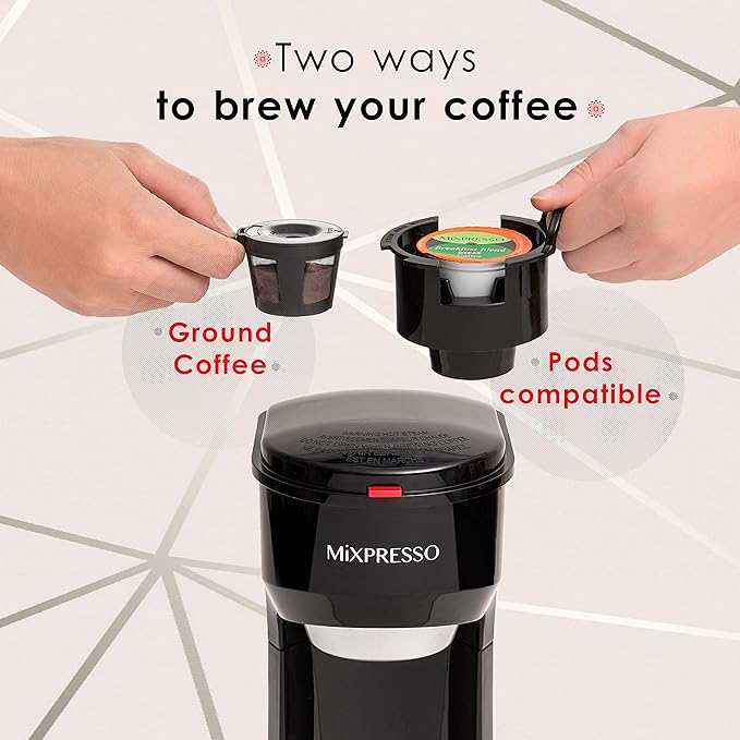 Mixpresso 2-in-1 Coffee Maker – Single Serve & Ground Coffee Brewer, Compact Personal Coffee Machine for Pods & Loose Grounds, Quick Brew 14 oz Portable Small Coffee Maker, Black