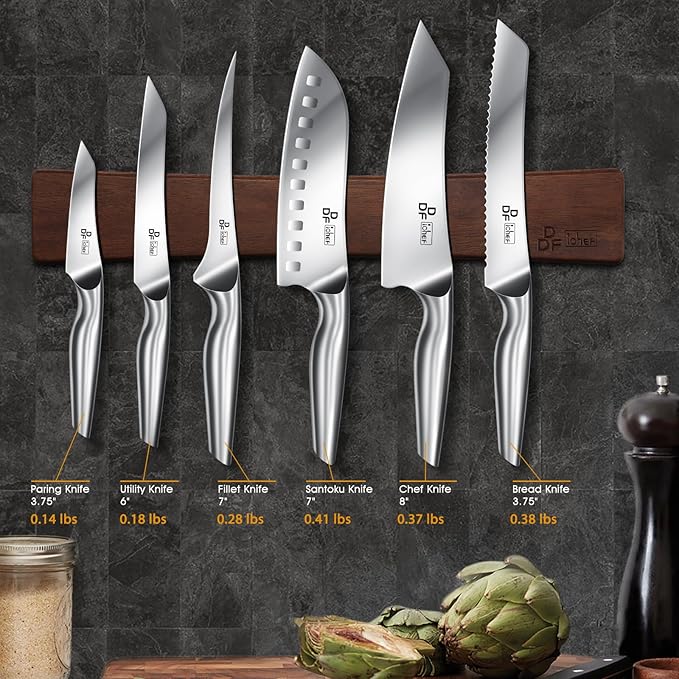 DDF iohEF Knife Set with Knife Strip, 8 Piece Professional Kitchen Knife Set, Japanese High Carbon Stainless Steel Chef Knives Set with Magnetic Knife Holder for Wall