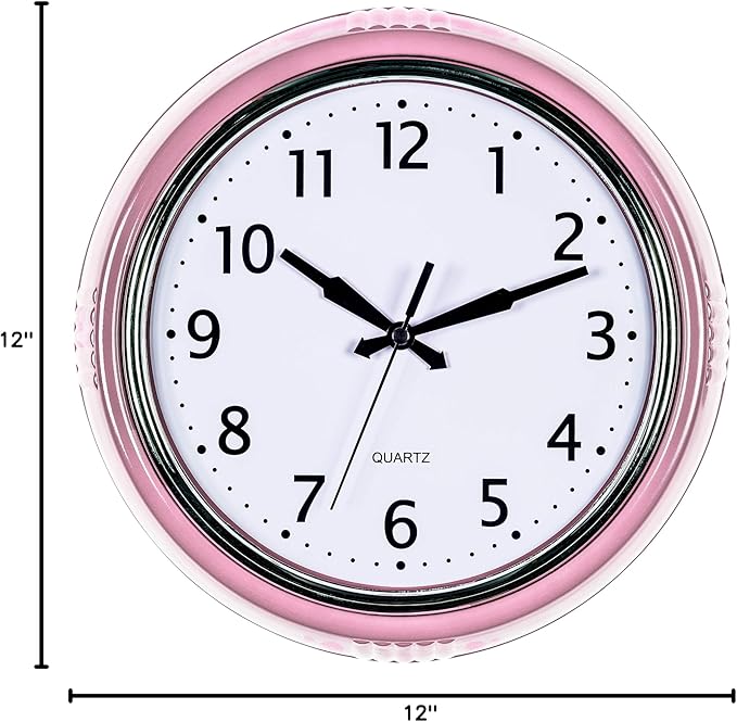 Bernhard Products Retro Wall Clock 12 Inch Pink Kitchen 50's Vintage Design Round Silent Non Ticking Battery Operated Quality Quartz for Home Office Baby Nursery Girls Room Classroom, Easy to Read
