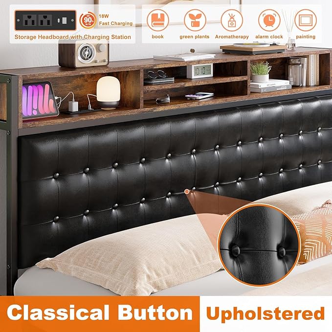 EnHomee Full Bed Frame with 4 Storage Drawers and Headboard Upholstered Bed Frame Full Size with Charging Station, No Noise, Metal Support, No Box Spring Needed,Vintage Brown