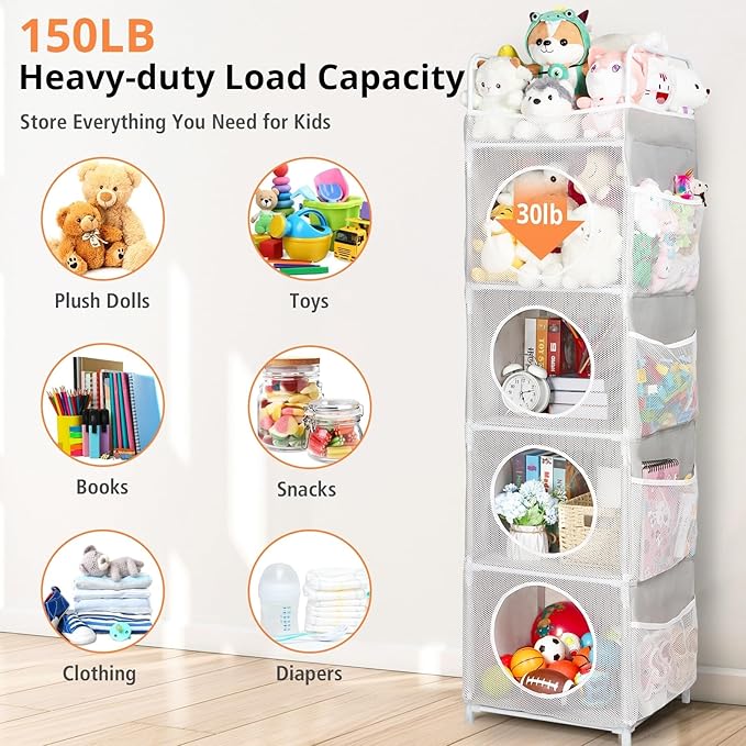 Stuffed Animal Storage, 5 Tier - 8 Side Pockets Toy Storage Organizer, 63.8" Space-Saving Corner Storage for Kids' Bedroom & Playroom, Grey