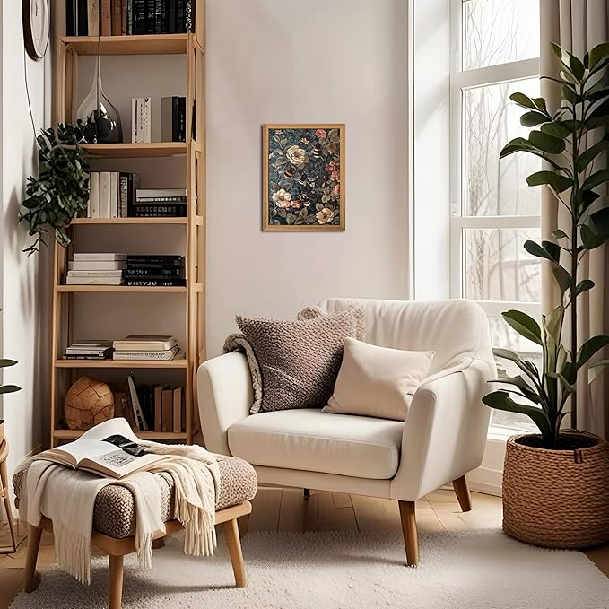 Framed 3D Textured Vintage Wall Art - Dark Academia Bumble Bee Hand Drawn Sandstone Paintings with Botanical Florals, Aesthetic Wall Decor for Living Room Bedroom Home 8x10 inch