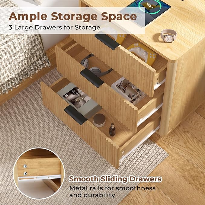 HOMMPA 24'' Fluted Nightstand with Charging Station, Modern Bedside Table with Storage, 3 Drawer End Table with Metal Handle, Wooden Bedside End Table for Bedroom, Living Room, Curved Profile Design