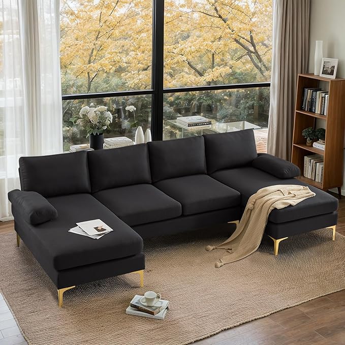 VINGLI 110" Modern U Shaped Sectional Couch with 51"D Double Chaise for Living Room, Black Deep Seat Sectional Sofa Sets with 5.9" Thickness Seating Padding for Home Furniture,Linen Fabric,Metal Legs