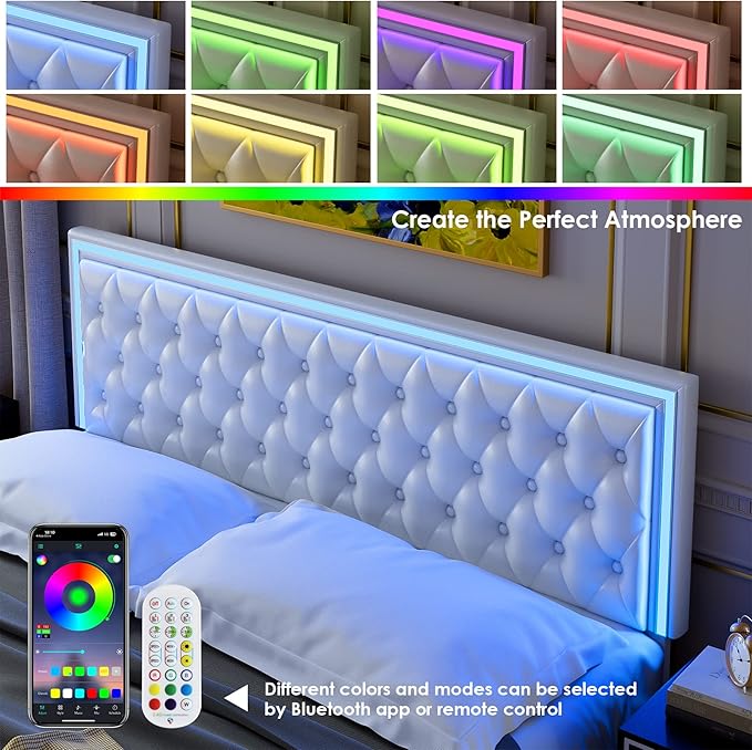 Keyluv King Upholstered LED Bed Frame with 4 Drawers, Pu Leather Platform Storage Bed with Adjustable Button Tufted Headboard and Solid Wooden Slats Support, No Box Spring Needed, White