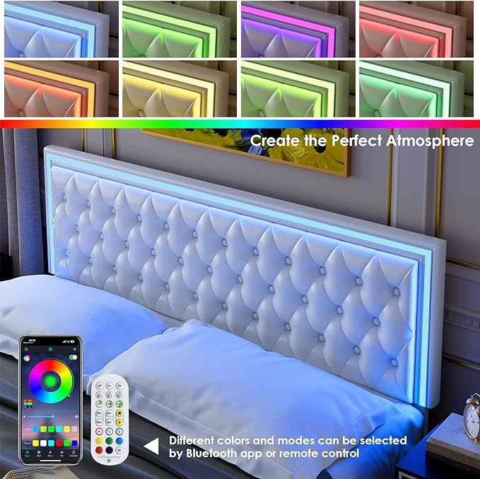 Keyluv Queen Upholstered LED Bed Frame with 4 Drawers, Pu Leather Platform Storage Bed with Adjustable Button Tufted Headboard and Solid Wooden Slats Support, No Box Spring Needed, White