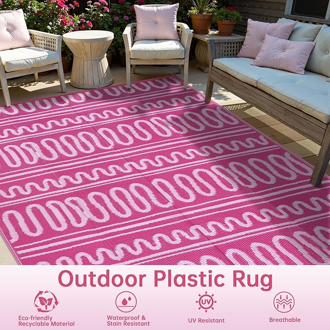 Beeiva Outdoor Waterproof Rug 8x10, Plastic Reversible Outdoor Camping Rug, Pink Patio Rug for Deck, Balcony, Backyard, Porch, Camping, Picnic - Pink