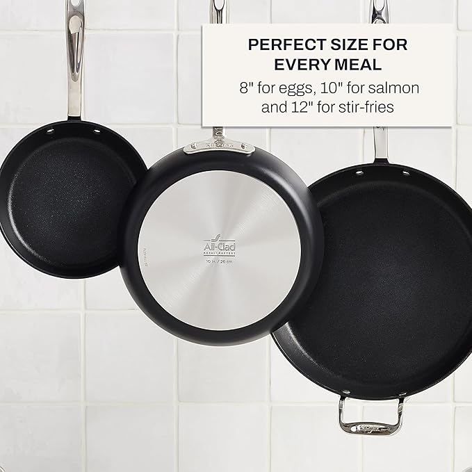 All-Clad HA1 Hard Anodized Nonstick Fry Pan Set – 3-Piece Cookware, 8", 10", 12" Skillets with Lid, Induction Compatible, Oven Safe to 500°F, Lid Safe to 350°F, Black
