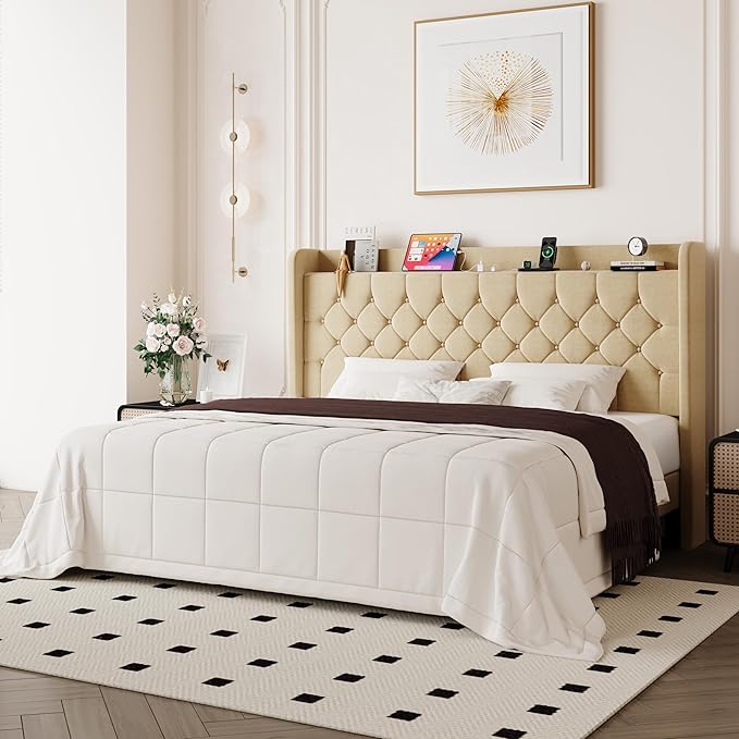 Allewie King Size Bed Frame, Storage Headboard with Charging Station,Wingback Linen Upholstered, Diamond Stitched Button Tufted, Sturdy Wooden Slats, No Box Spring Needed, Easy Assembly, Beige