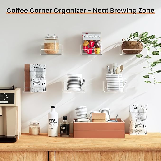 upsimples 6 Pack Acrylic Small Shelves, Floating Wall Shelves for Small Space, Display Shelf Organizer for Plants, Speaker, Toys, 4'' x 4'', Clear