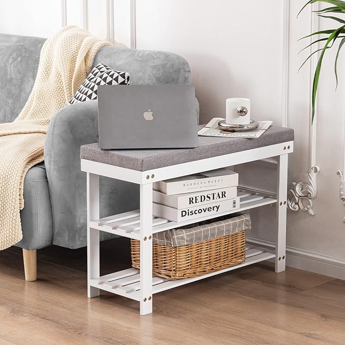 Apicizon 3-Tier Shoe Rack for Entryway, Bamboo Shoe Bench with Cushion Padded Seat, Small Shoe Organizer with Storage for Indoor Entrance Hallway Bedroom Living Room, White