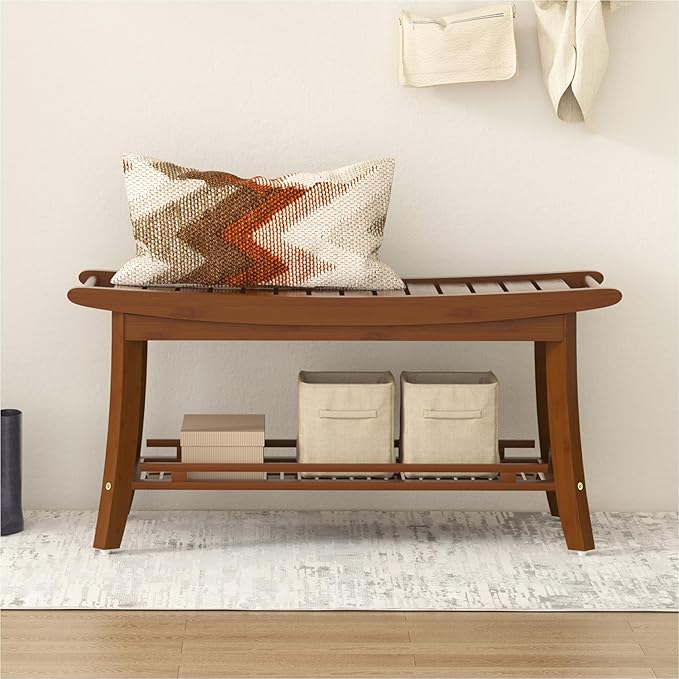 Bamboo Entryway Storage Bench with Shelves Shoe Rack Bench Seat Organizer for Porch Bedroom Bathroom Balcony 39 x 13 x 19.2 Inches Chestnut Brown