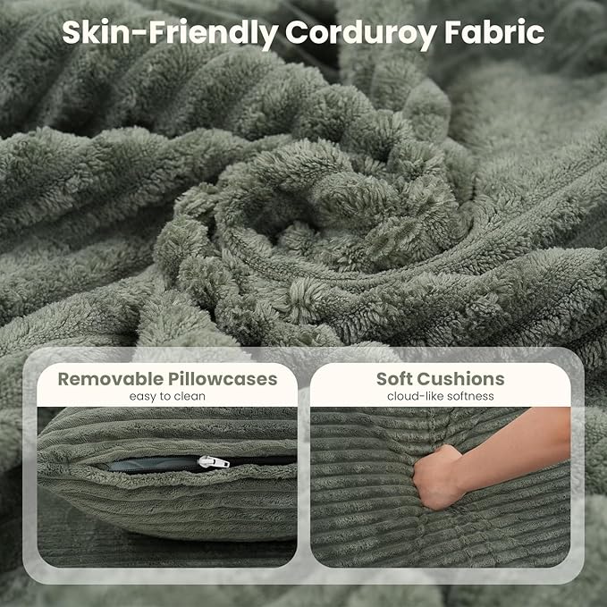 OC Orange-Casual 106.3" Cloud Sectional Couch with L-Shape Chaise,No Assembly Required Modular Sofa,Upholstered Boneless Couches for Living Room, Plush Corduroy Fabric (Green, Right Facing Chaise)