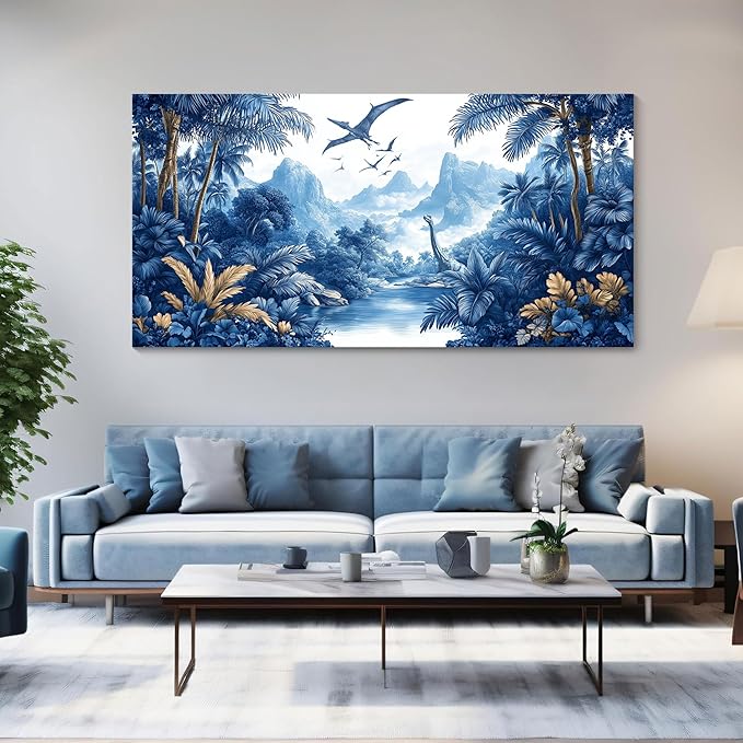 HKDGOKA Jurassic Dinosaurs Wall Art, Large Mountains Tree Landscape Wall Painting Blue Forest Canvas Print Artwork for Boy Bedroom Living Room Classroom Cool Modern Home Decor 29x58 IN