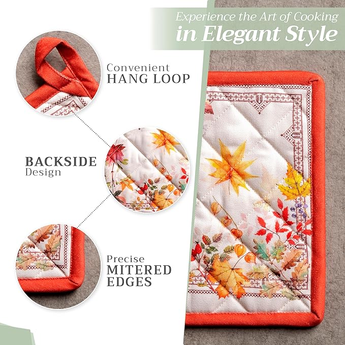 Maison d' Hermine Pot Holders Set 100% Cotton Heat Resistant Potholders 8" x 8" Hot Pads with Loop for Thanksgiving Christmas Decorations BBQ Cooking Baking Handling Hot Pans (Pack of 2, Amarante)