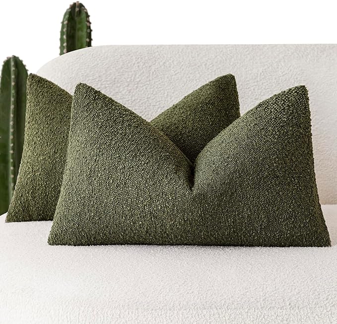 Foindtower Pack of 2 Textured Boucle Throw Pillow Covers Accent Solid Decorative Lumbar Pillow Cases Cozy Couch Cushion Case for Chair Sofa Bedroom Living Room Home Decor 12x20 Inch Moss Green