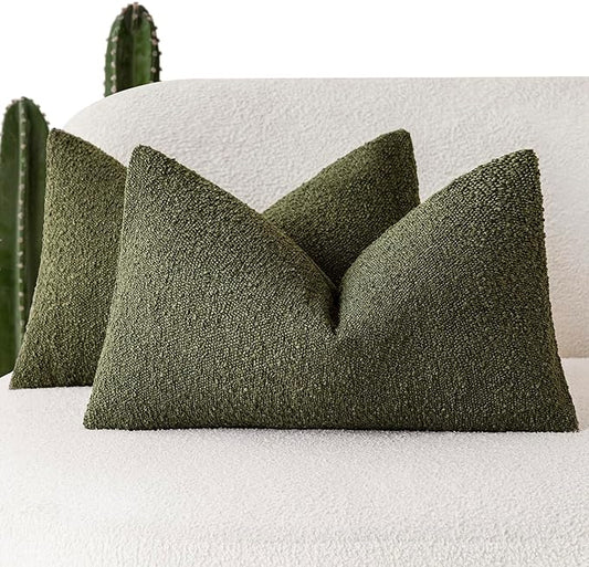 Foindtower Pack of 2 Textured Boucle Throw Pillow Covers Accent Solid Decorative Lumbar Pillow Cases Cozy Couch Cushion Case for Chair Sofa Bedroom Living Room Home Decor 12x20 Inch Moss Green