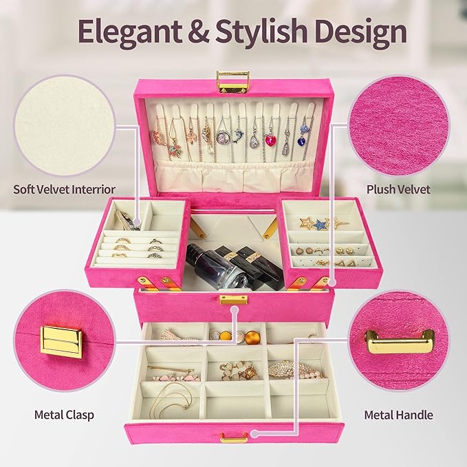 Dajasan Jewelry Storage Box, Large Jewelry Organizer Box, 3-Layer Velvet Jewelry Boxes for Women, Girls, Friends, Wife or Mother (Red)