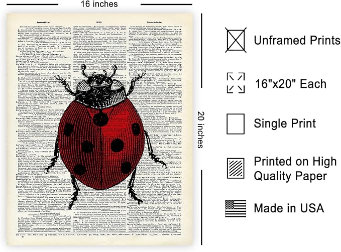 Poster Master Dictionary Art Poster - Retro Ladybug Print - Insect Art - Red Bug Art - Gift for Men, Women & Animal Lover - Minimal Decor for Living Room & Kid's Room - 16x20 UNFRAMED Wall Art