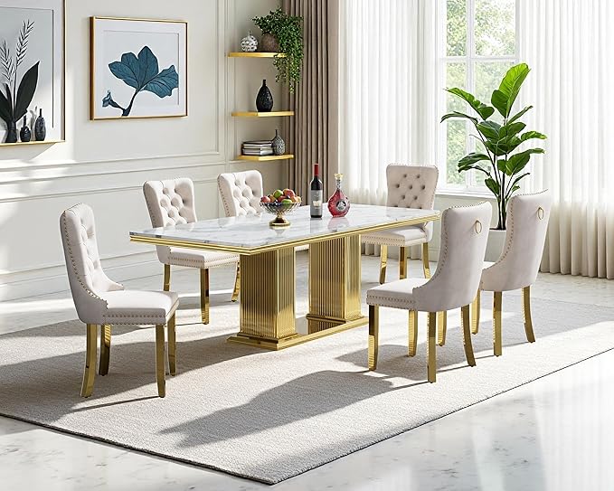 68" Faux Marble Dining Table Set for 6, 7-Piece Dining Set with White Gold Kitchen Table and 6 Velvet Tufted Chairs, Modern Rectangular Dining Room Tables with Column-Shape Stainless Steel Base