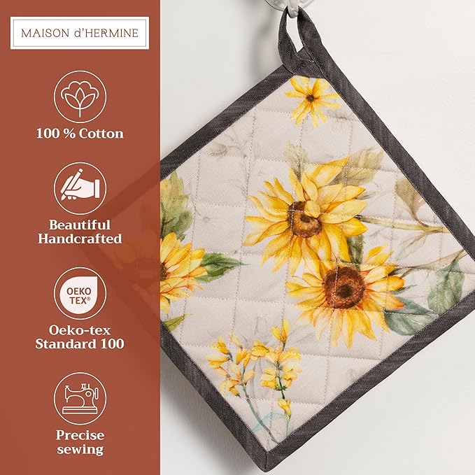 Maison d' Hermine Pot Holders Set 100% Cotton Heat Resistant Potholders 8" x 8" Hot Pads with Loop BBQ, Cooking, Baking, Grilling, Kitchen, Handling Hot Pans Spring/Summer (Pack of 2, Candice)
