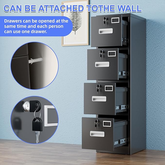 4 Drawer File Cabinet, Metal Vertical Black Filing Cabinets with Locks for Home Office with Name Card Holder for A4 /F4 Size/Letter/Legal Size, Assembly Required(Black)