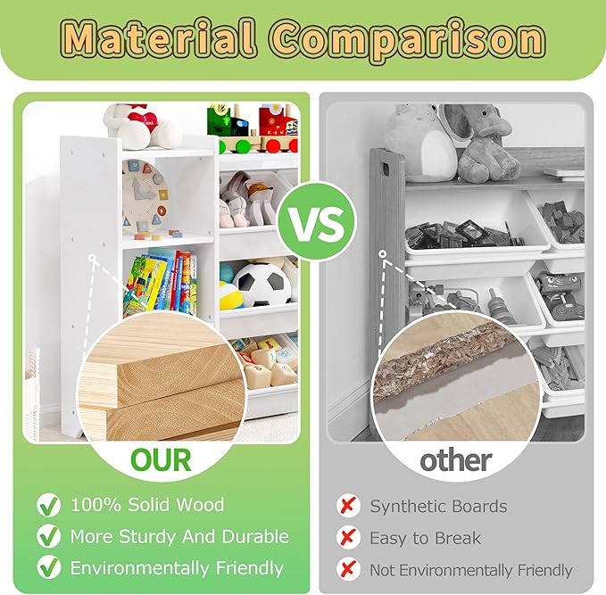 MallBest 4-Tier Kids' Toy Storage Organizer Shelf - 100% Solid Wood, Children's Organizer Cabinet with 9 Plastic Bins and 6 Storage Ports (White)