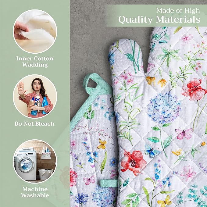 Maison d' Hermine 100% Cotton Oven Mitt & Pot Holder Set (7.5"x13" & 8"x8") Heat Resistant BBQ Cooking Gloves with Loop, Baking, Grilling, Kitchen, Handling Hot Pans Spring/Summer (Just Floral)