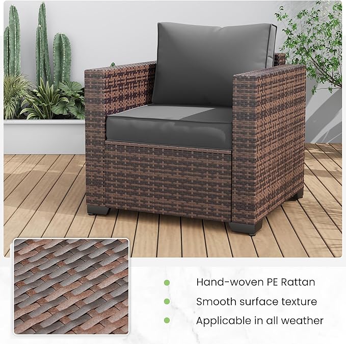 Amopatio Wicker Outdoor Sofa & Patio Couch Set - High Back Waterproof Patio Furniture Single Armrest Chair with Non-Slip Cushions, Outdoor Furniture Cover, Grey