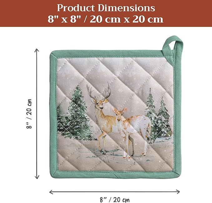 Maison d' Hermine Pot Holders Set 100% Cotton Heat Resistant Potholders 8" x 8" Hot Pads with Loop for Thanksgiving Christmas Decorations BBQ Baking Handling Hot Pans (Pack of 2, Deer in The Woods)