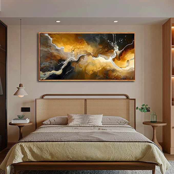 Abstract Wall Art for Living Room, Marble Canvas Wall Decor for Bedroom, Black and Gold Picture Print Artwork for Office, Large Size 59 x 29 Inches Framed