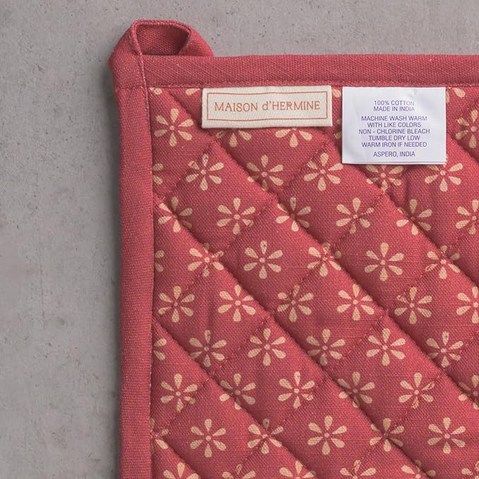 Maison d' Hermine 100% Cotton Oven Mitt & Pot Holder Set (7.5"x13" & 8"x8") Heat Resistant BBQ Cooking Gloves with Loop for Thanksgiving Christmas Decorations Handling Hot Pans (Romane)