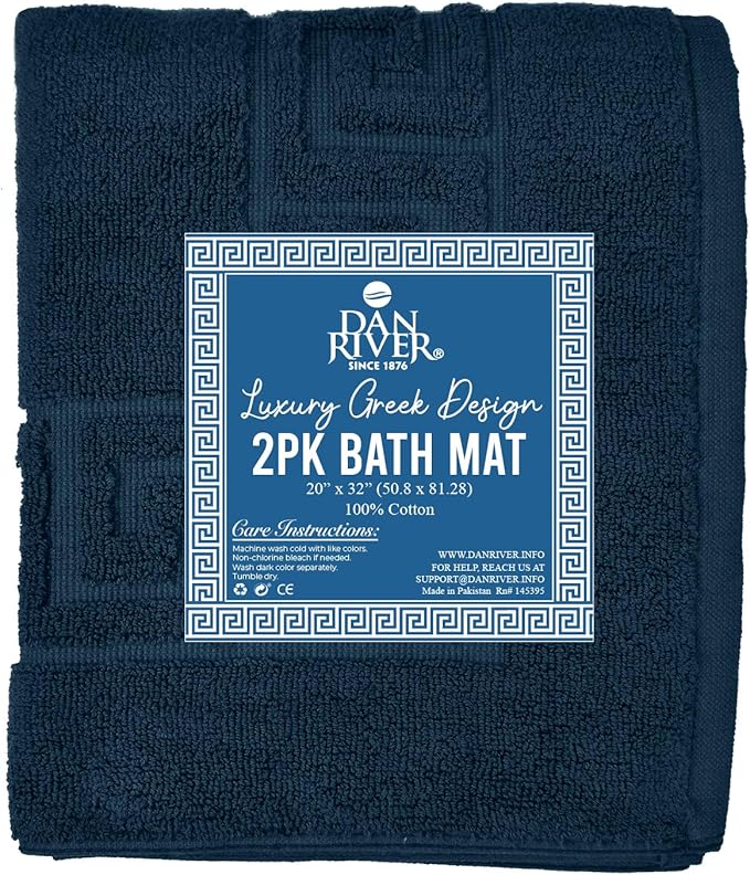 DAN RIVER Greek Bath Mat - Blue Opal, 100% Ring Spun Cotton, Pack of 2, 20x32 inches, 800 GSM, Non-Slip, Absorbent, Quick Drying, Machine Washable Bathroom Floor Mats for Shower, Kitchen & Bath