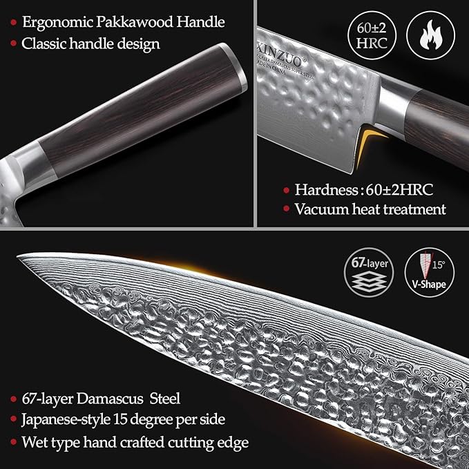 XINZUO Kitchen Knife Set of 5 Piece,67 Layers Hammered Damascus Blade,Japanese-Style Chef Knife Set,Professional Knife Sets for Chefs with Pakkawood Handle,Razor Sharp,Gift Box - He Series