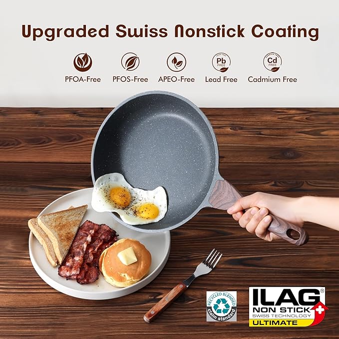SENSARTE Nonstick Frying Pan Skillets, Swiss Granite Coating Omelette Pans, Healthy Cookware Chef's Pan, Free of Intentionally Added PFOA (8+11Inch with Lid)