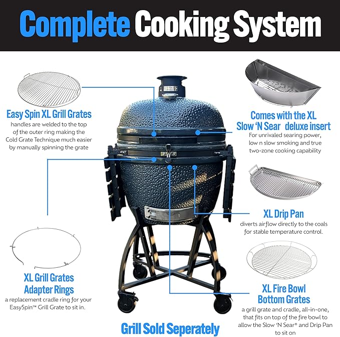 SnS Grills Slow ‘N Sear® 5-Piece Cooking System - Patented Charcoal Basket with Removeable Water Reservoir, EasySpin Grate, Drip Pan for Low ‘N Slow Smoking & Charcoal Grilling on Big Green Egg XL