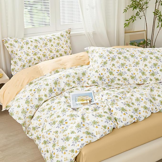 SAPHREAS Green Floral Duvet Cover Set King Size 3pcs Soft Breathable Yellow Flowers Bedding Comforter Cover Set 100% Cotton 1 Duvet Cover 104"x90" 2 Pillow Shams, Comforter Not Included