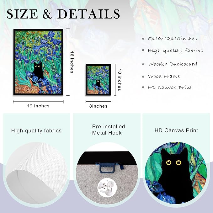 Krtoni Framed Van Gogh Irises Canvas Wall Art, Famous Oil Paintings Garden Flower Black Cat Wall Decor, Impressionism Funny Vintage Print Artwork For Farmhouse Gallery Bathroom 16''L x 12''W