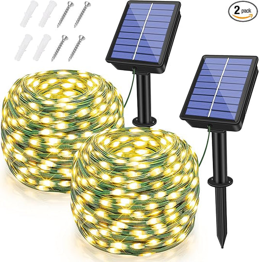 2 Pack Solar String Lights Total 600LED 197FT, IP67 Waterproof Solar Lights for Outside with 8 Modes, Fairy Lights for Patio Garden Party Wedding Yard Camping Decorations (Warm White)