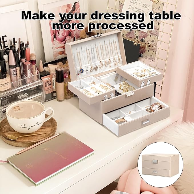 Dajasan Jewelry Box Organizer, Jewelry Boxes for Women Girls, 3 Layers Jewelry Gift Box for Christmas, Valentine's Day, Birthday, Mother's Day (Champagne)