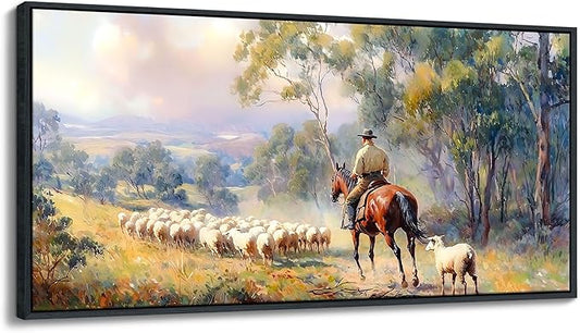 JEAWA Framed Canvas Wall Art - 20x40 IN Western Shepherding Landscape Painting, Country Picture with Trees, sheeps and Fine Horse, Shepherd Art Prints for Bedroom Bathroom Home Decoration