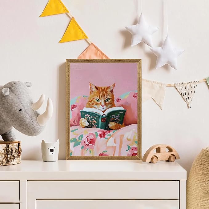 Framed Vintage Cat Canvas Wall Art, Funny Pink Animal Reading Books Painting Picture Print, Cute Kitten Lovers Aesthetic Wall Decor for Nursery Girls Room Bedroom Kids Room 24''L x 16''W