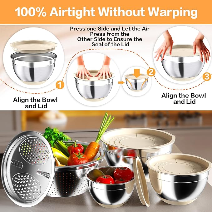 Mixing Bowls with Airtight Lids, Stainless Steel Mixing Bowl Set with 3 Metal Nesting Bowls, Colander & Grater, Non-Slip Bottoms, Size 1.5, 2.5, 6 QT, Great for Mixing & Serving, Khaki