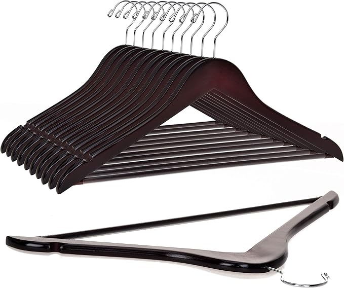 Quality Wooden Hangers - Slightly Curved, 20 Pack Sets - Mahogany Color Wood Coat Hangers with Chrome Hooks - Heavy-Duty for Clothes, Jackets, Shirts, Pants, Suits