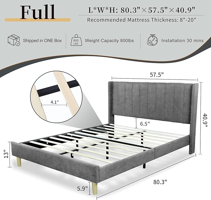 Full Size Upholstered Platform Bed Frame with Modern Wingback & Vertical Panel Headboard, Velvet Fabric, Wooden Legs & Slats Support, No Box Spring Needed, Noise-Free & Easy Assembly, Grey
