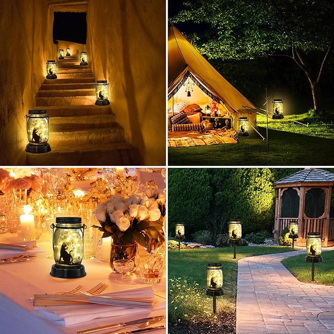 Styleonme Decor Mobile Outdoor Solar Lanterns, Cat & Butterfly Fairy Lights Theme Garden, Mason Jar Solar, Gifts for Mom, Grandma, Women, Everyone, Cat Themed Gifts, Garden Fence Patio Lawn Decor