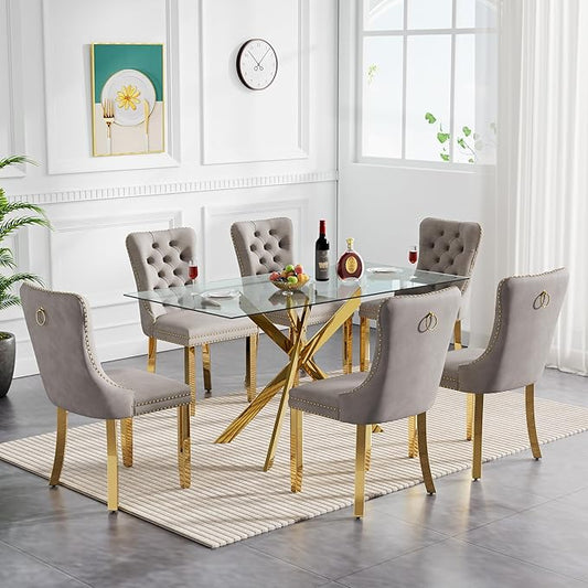 Goujxcy Glass Dining Table Set for 6, Modern Kitchen Table and Chairs Set of 6, 7-Piece Kitchen Dining Room Table Set w/51 Glass Gold Dining Table and 6 Grey Velvet Upholstered Chairs