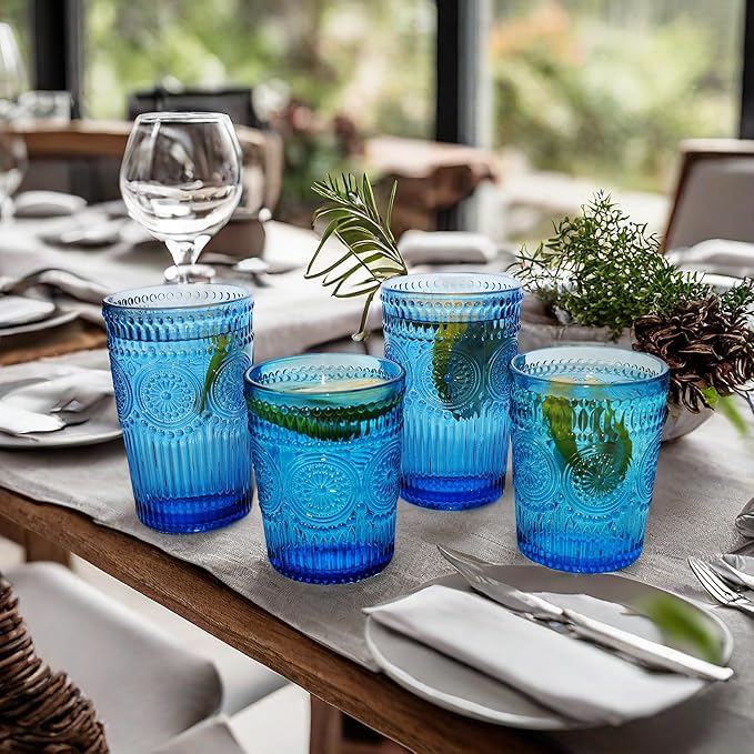 12pcs Vintage Drinking Glasses Set, 12 oz Highball Glasses & 9 oz Embossed Ribbed Glassware Cups for Cocktail, Water, Juice, Coffee, Whiskey (Blue)