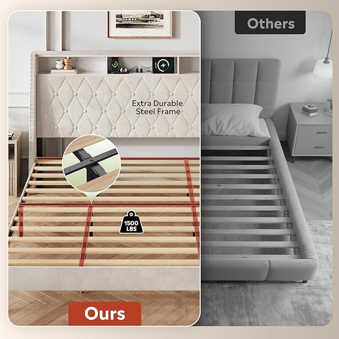 WLIVE King Size Upholstered Bed Frame with Storage Headboard, Velvet Square Tufted Platform Bed with Charging Station, Sturdy Metal & Wooden Slats Support, No Box Spring Needed, Beige
