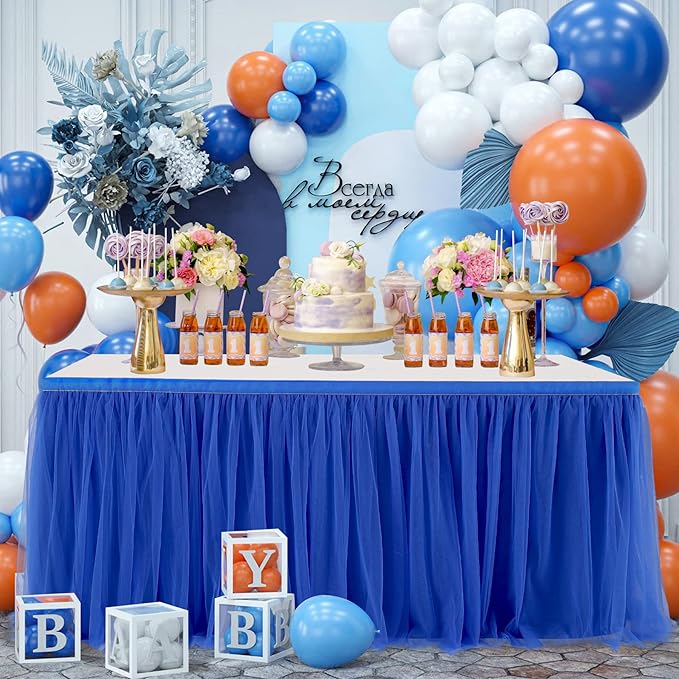 Royal Blue Tulle Table Skirt for Rectangle Tables or Round Tables 14ft Tutu Table Cloth Cover for Baby Shower, Wedding Reception, Bridal Shower, Birthday Party, Graduation, Banquet Decorations